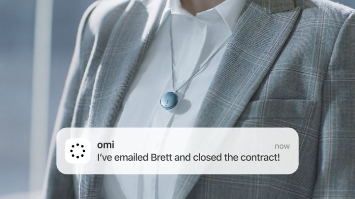 Person wearing a gray checkered suit with a white shirt and blue necklace, with a notification bubble indicating communication about closing a contract.