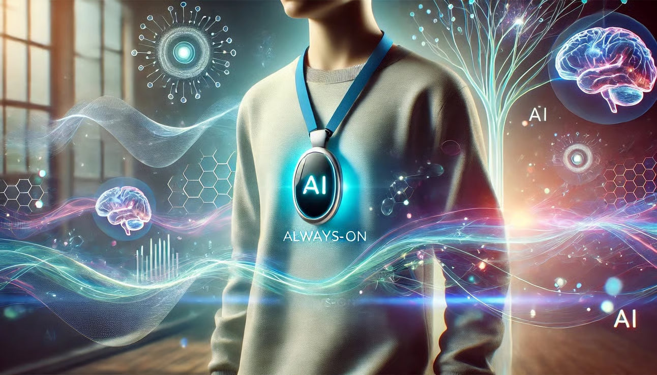 Person wearing a sweater with 'AI ALWAYS-ON' emblem surrounded by futuristic AI graphics.