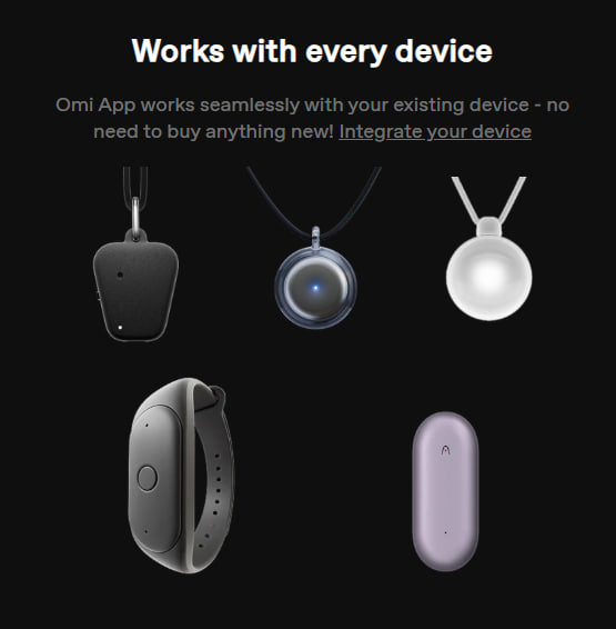 Various devices with text indicating compatibility with Omi App on a black background