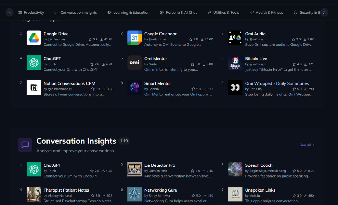 Screen shot of a productivity app with various apps listed on a dark background